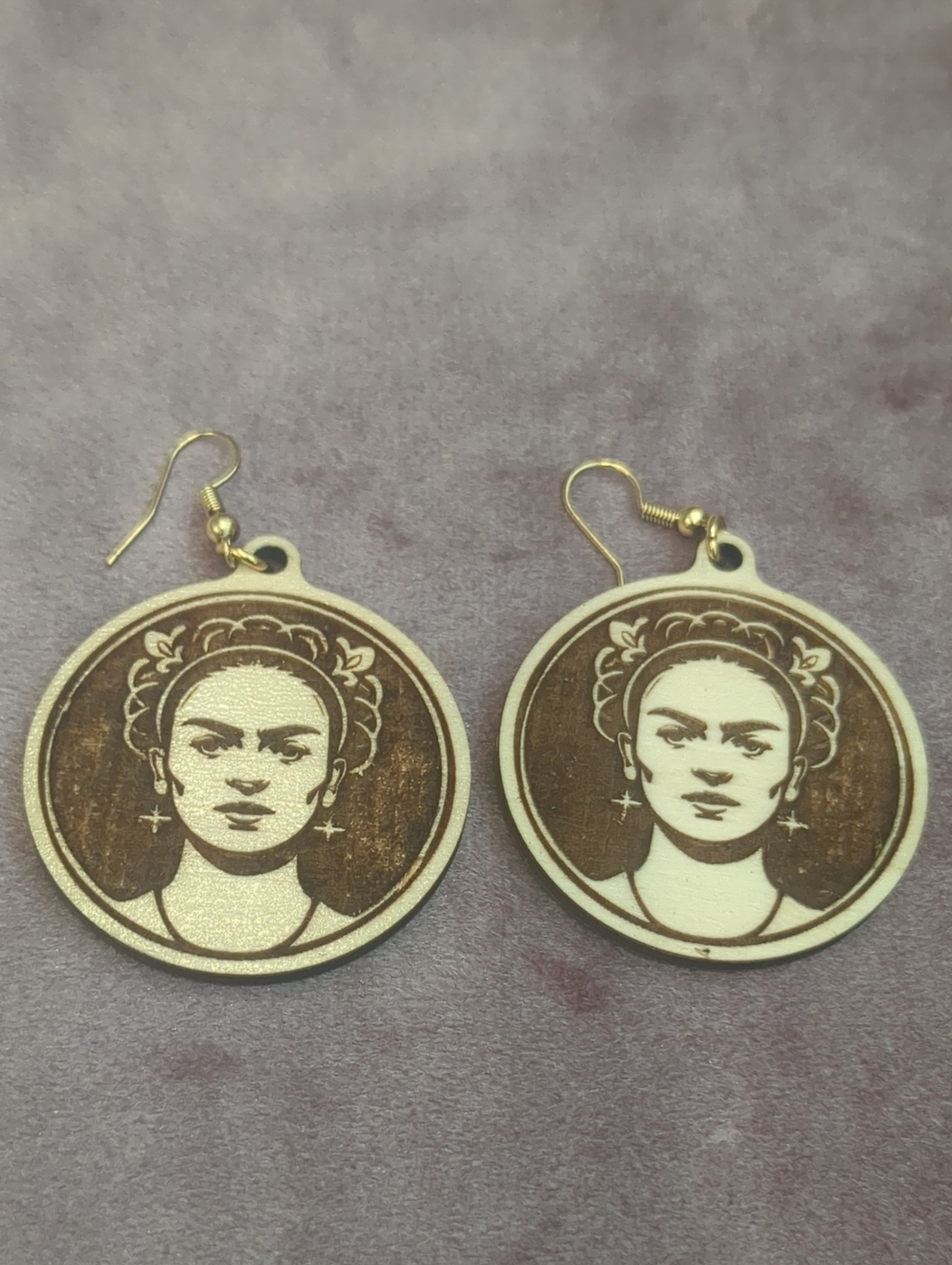 Frida Kahlo Artistic Round Wood Drop Earrings in Brown